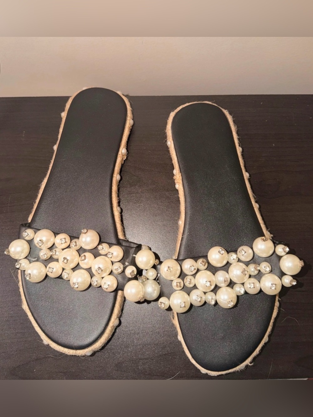 Boutique Pearl-Embellished Black Slide Sandals - Women's